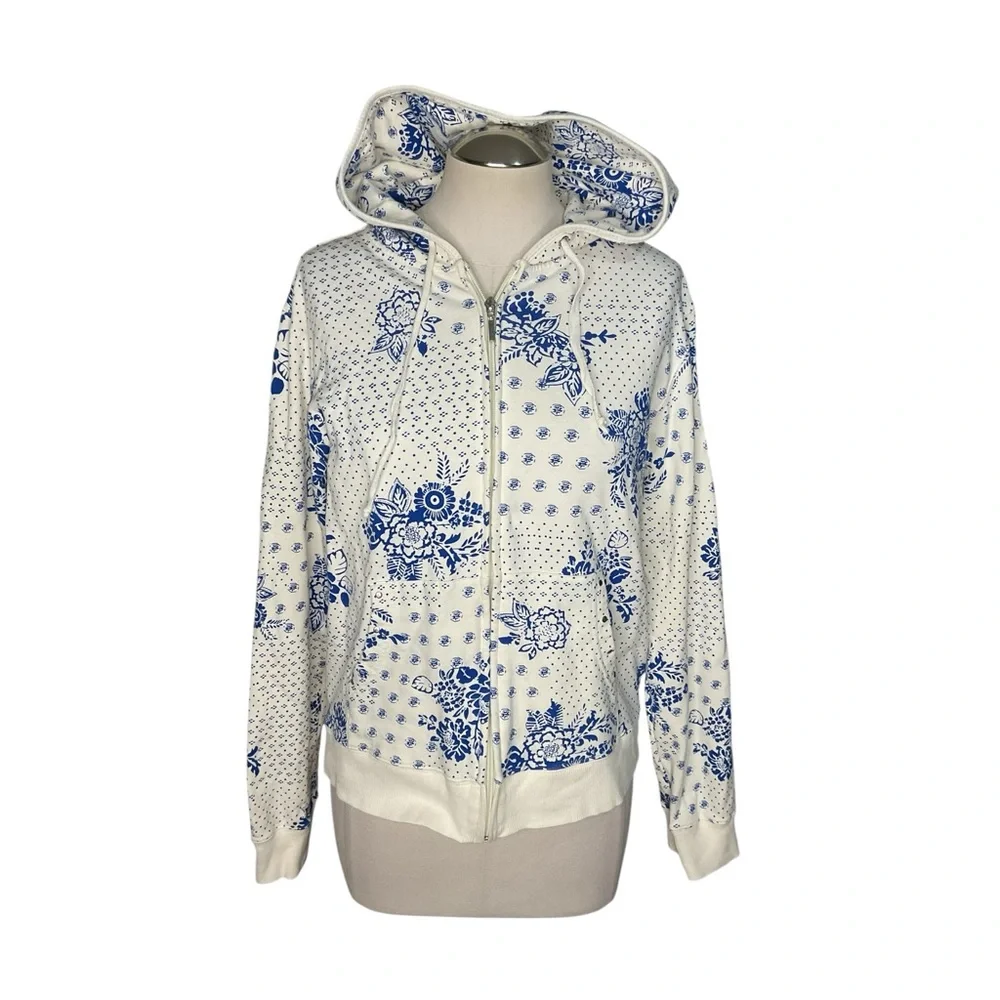 Reverse Blue White Floral Zip Hoodie Jacket Cottagecore Size L - Picture 2 of 6